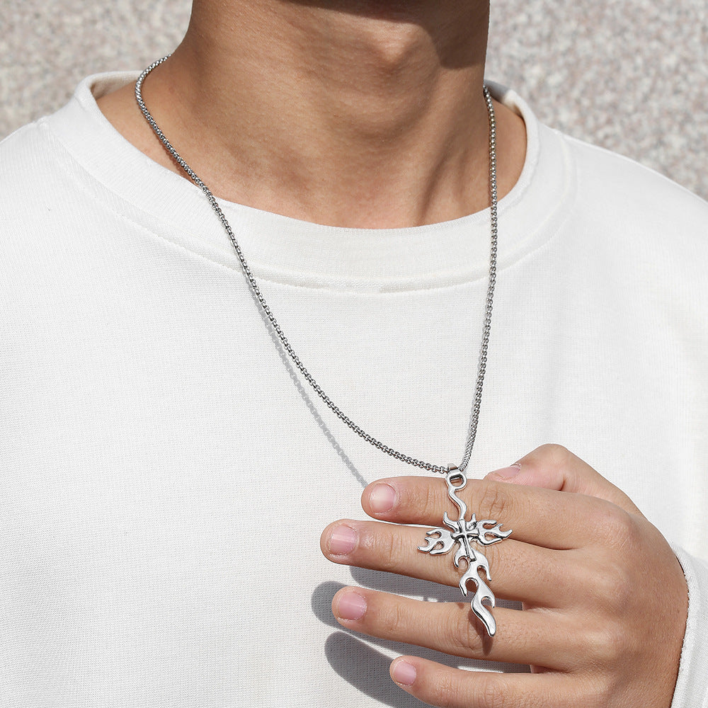 Men's Flame Vintage Cross Hip Hop Sweater Jewelry Set