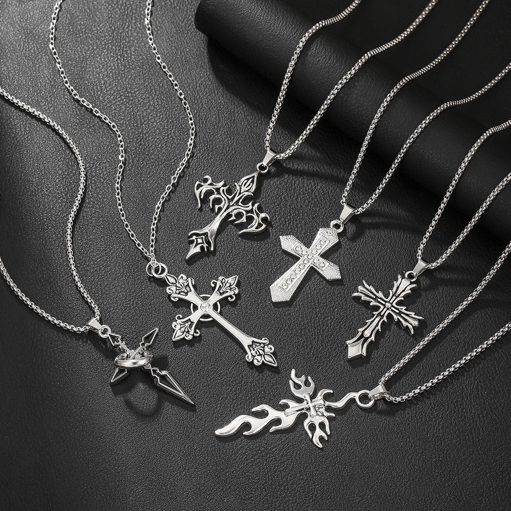 Men's Flame Vintage Cross Hip Hop Sweater Jewelry Set