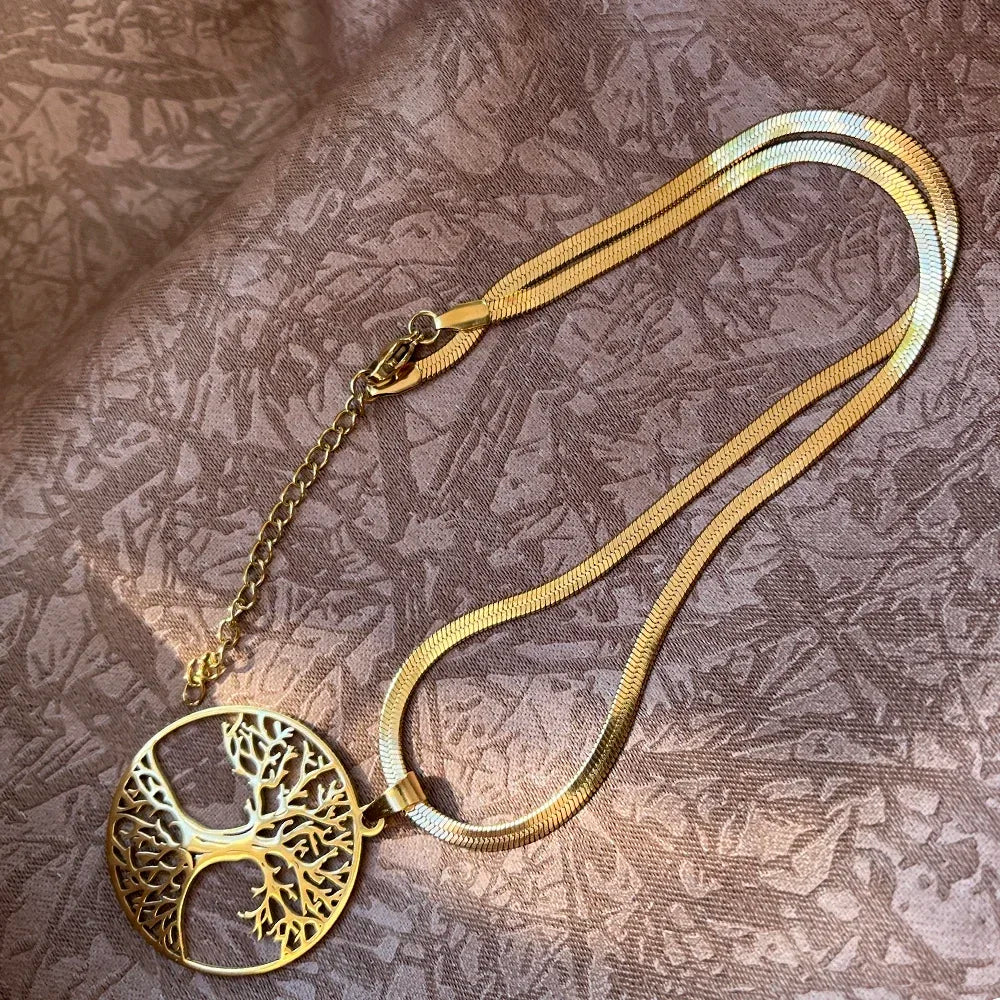 Tree of Life Pendant Necklace | Stainless Steel Snake Chain Choker for Men and Women