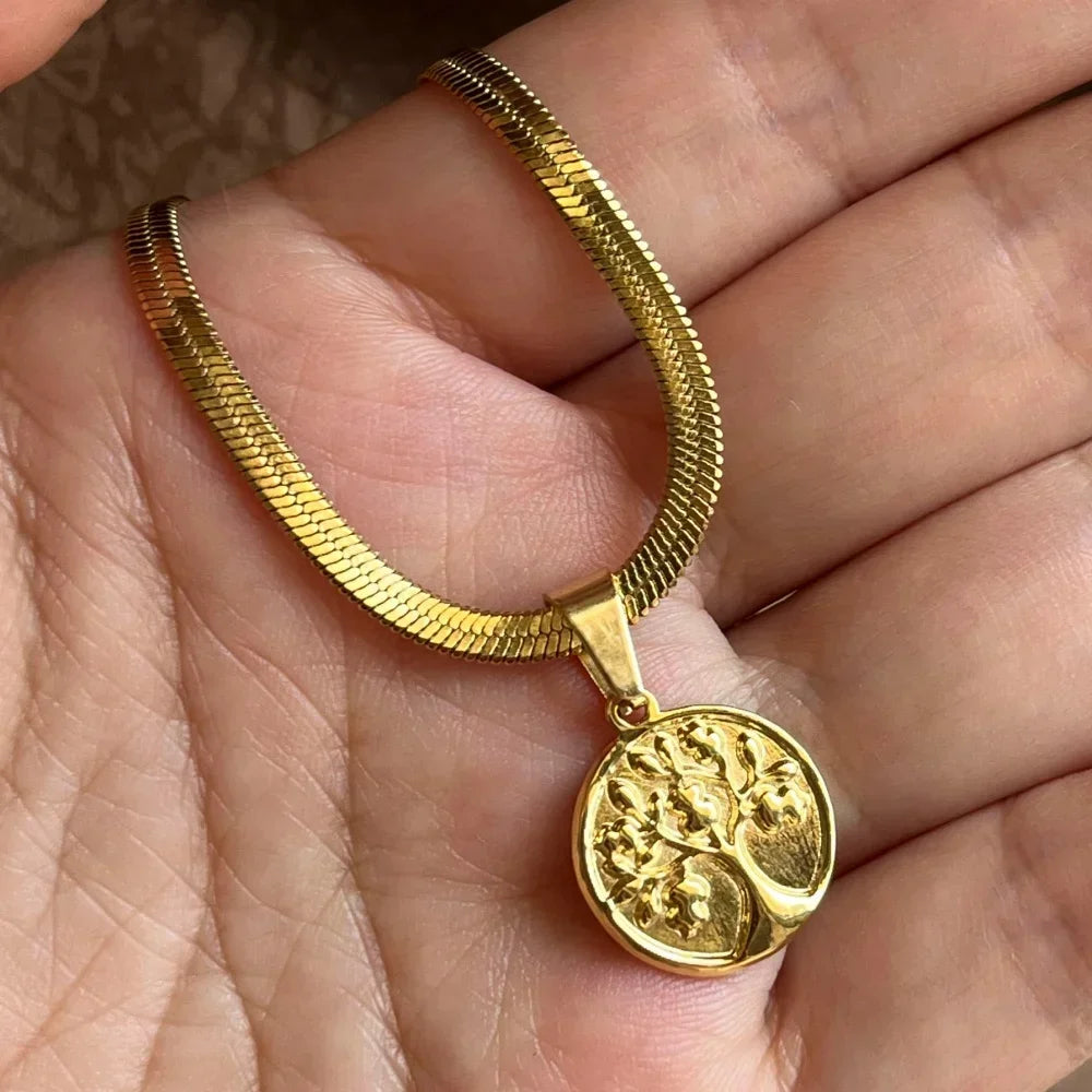 Tree of Life Pendant Necklace | Stainless Steel Snake Chain Choker for Men and Women