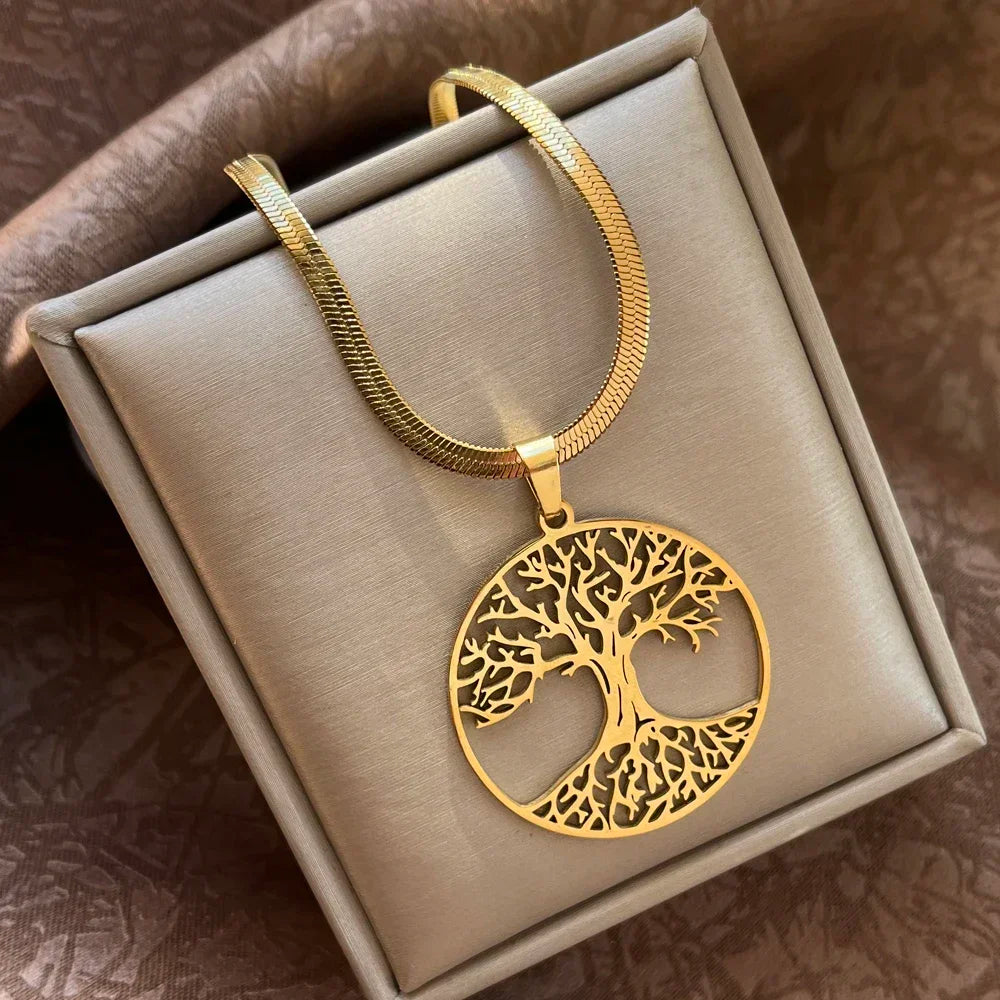 Tree of Life Pendant Necklace | Stainless Steel Snake Chain Choker for Men and Women