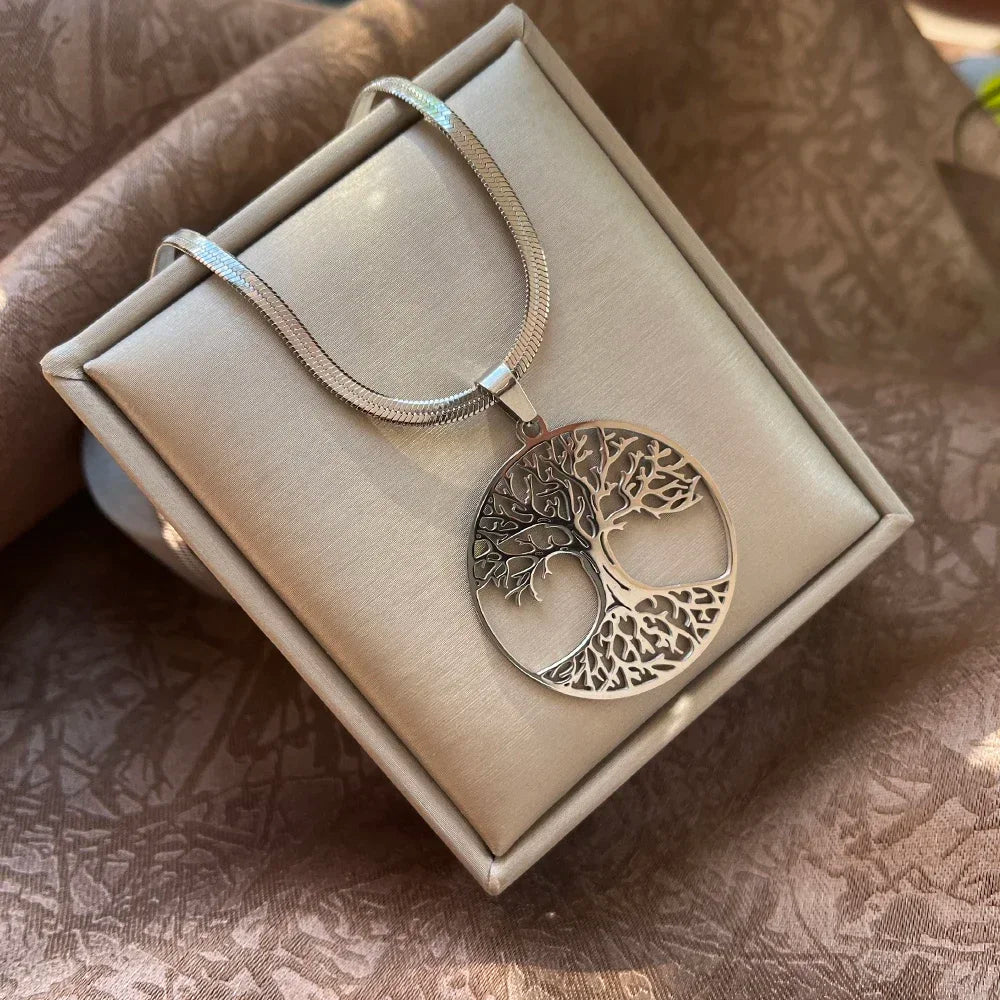Tree of Life Pendant Necklace | Stainless Steel Snake Chain Choker for Men and Women