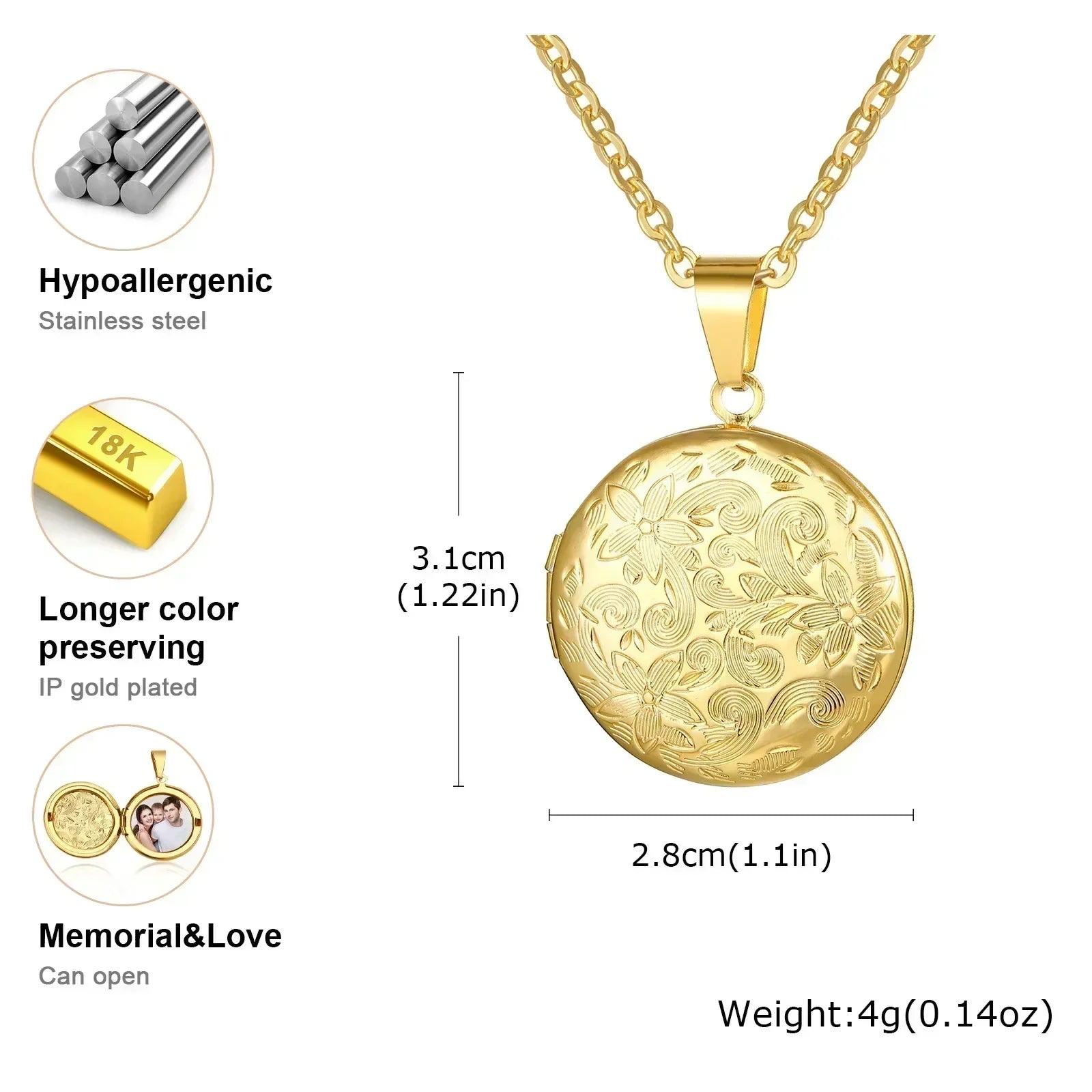 Vnox Stainless Steel Heart Locket Necklace Pendant with Photo Frame, Elegant Gold Plated Design Womens Gift