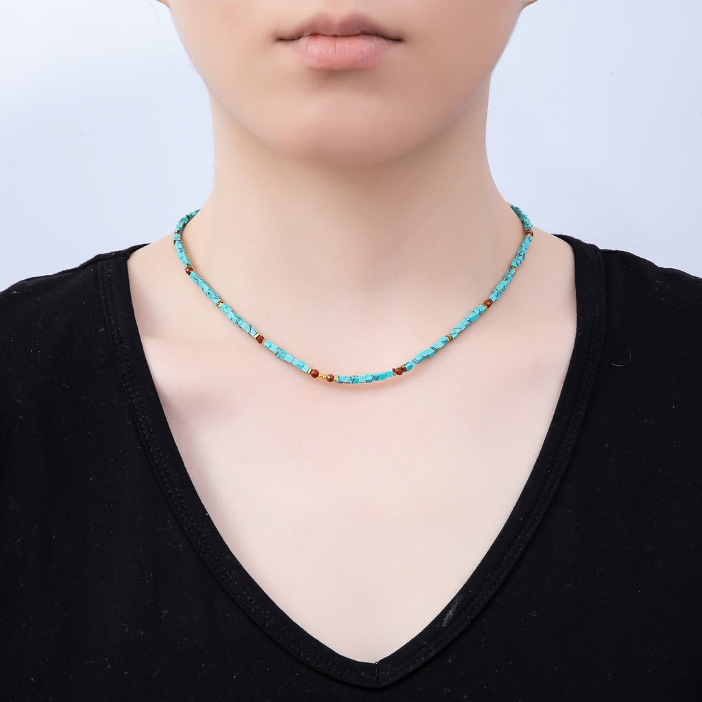 Handmade Stainless Steel 3mm Red Carnelian Turquoise Gemstone Chain 16 Inch Necklace | WA-04637
