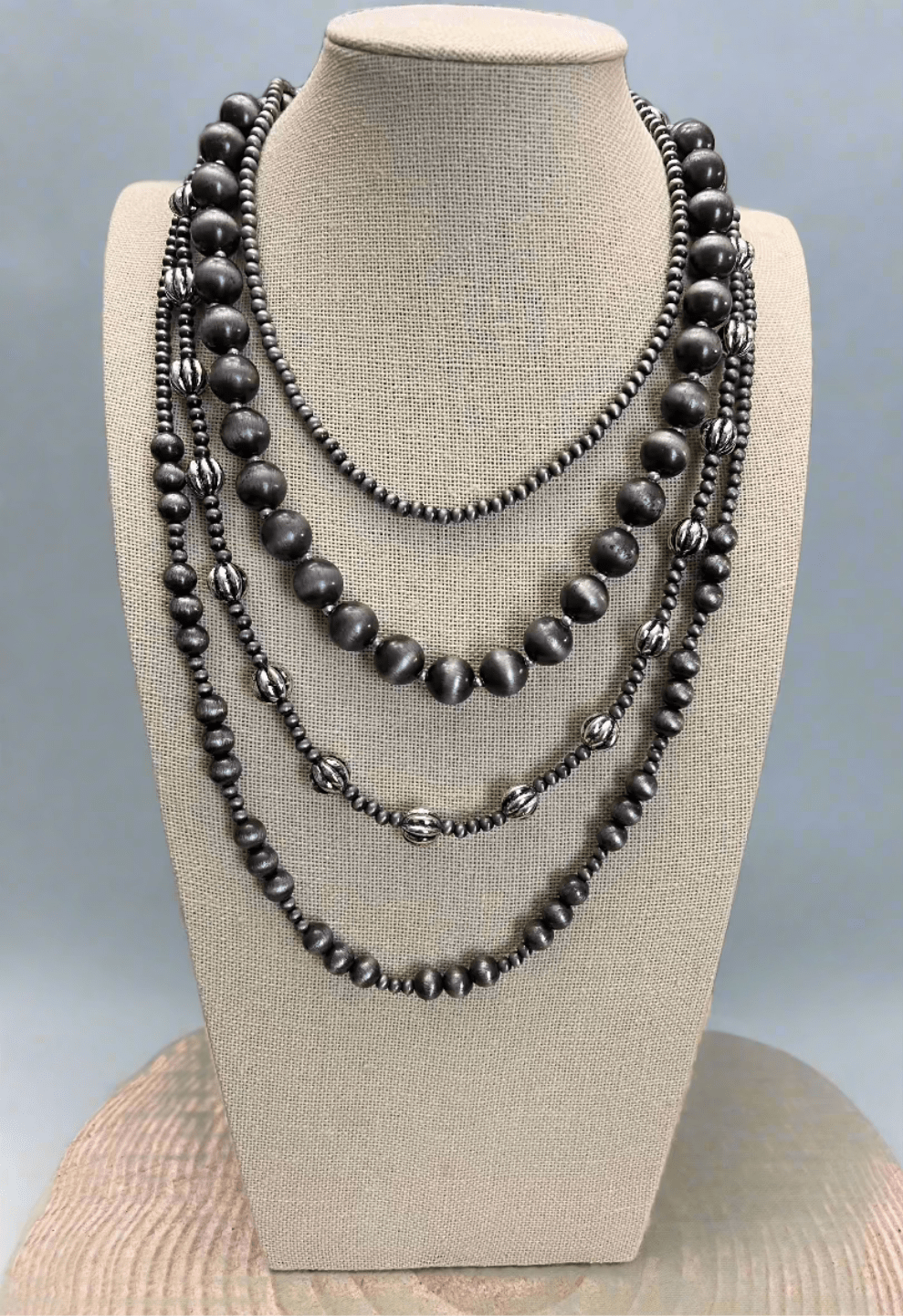 Faux Sterling Pearl Layered Necklace Set — 4-Piece Burnished Silver Western Layering Set (16" / 18" / 20" / 22")